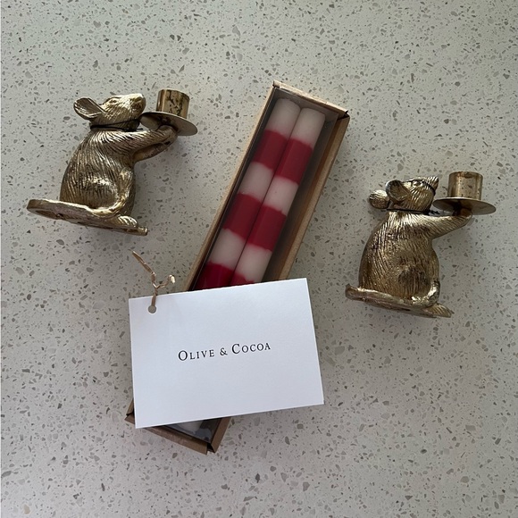 NWT Gold Mouse Candle Holders with Red and White Striped Candles - Picture 6 of 6